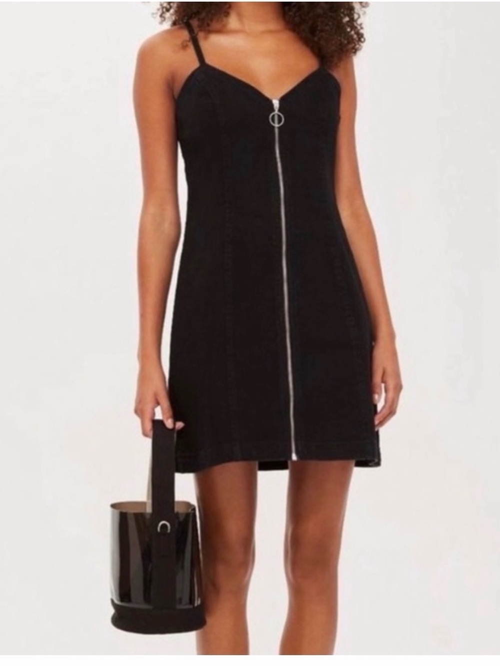 Topshop Moto Black Zip-Front Denim Mini Dress